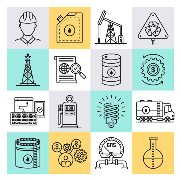 ilustrações de stock, clip art, desenhos animados e ícones de petroleum & petrochemical engineering outline style vector icon set - oil drum barrel fuel storage tank container