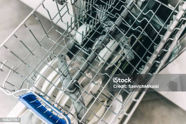 Dishwasher Detail With Water Spray Household Appliances Inside Stock Photo - Download Image Now