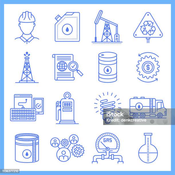 Oil Industry Government Strategy Blueprint Style Vector Icon Set Stock Illustration - Download Image Now