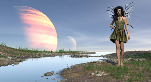 istock Winged fairy standing barefoot near a stream 1136377283