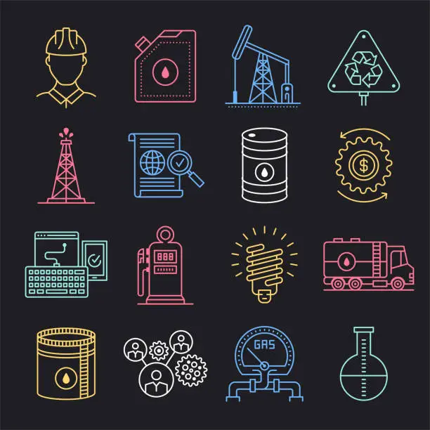Vector illustration of Oil Energy Policy & Production Neon Style Vector Icon Set