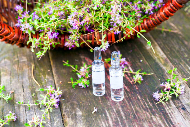 istock Alternative Medicine. Thyme and medical ampoules. Essential oils 1136378702
