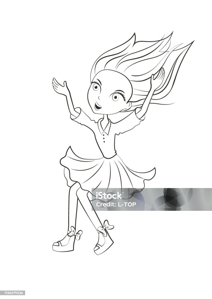 Сartoon jumping girl. Coloring page outline of cute girl in dress. Coloring book for kids. Vector illustration Adult stock vector