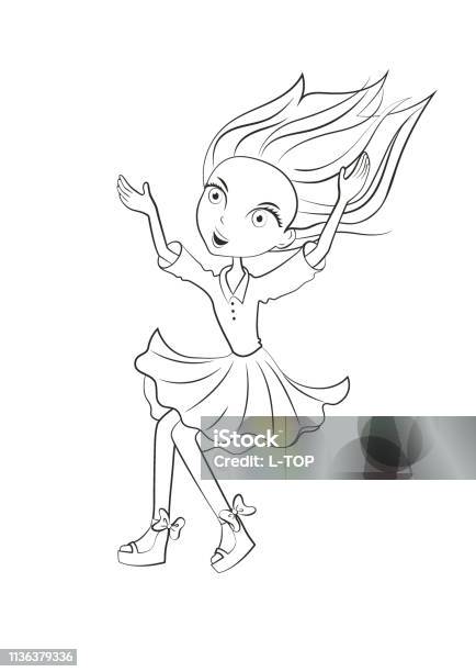 Сartoon Jumping Girl Coloring Page Outline Of Cute Girl In Dress Coloring Book For Kids Vector Illustration Stock Illustration - Download Image Now