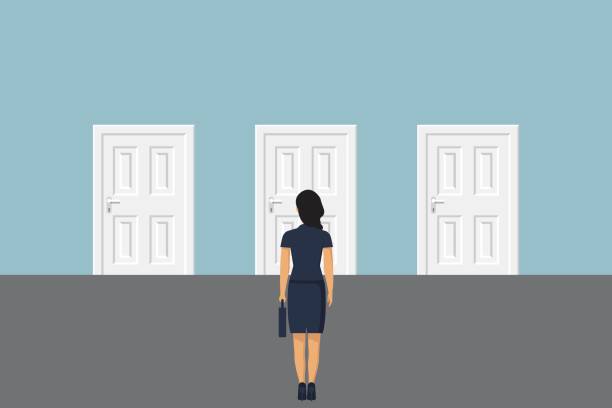 istock Choice way concept. Businesswoman stading in front of two closed doors. Decide direction. Business decision. Vector illustration in flat style 1136379840