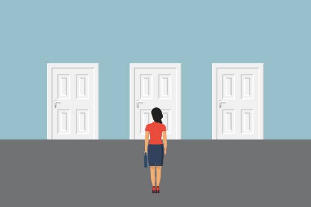 istock Choice way concept. Businesswoman stading in front of two closed doors. Decide direction. Business decision. Vector illustration in flat style 1136380301