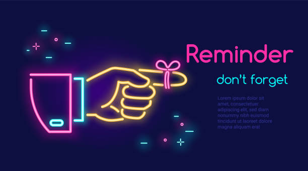 Human hand pointing finger and red tape on the finger in neon light style with text reminder dont forget on dark purple background Human hand pointing finger and red tape on the finger in neon light style with text reminder don't forget on dark purple background. Bright vector neon illustration light website banner, landing page Dont stock illustrations