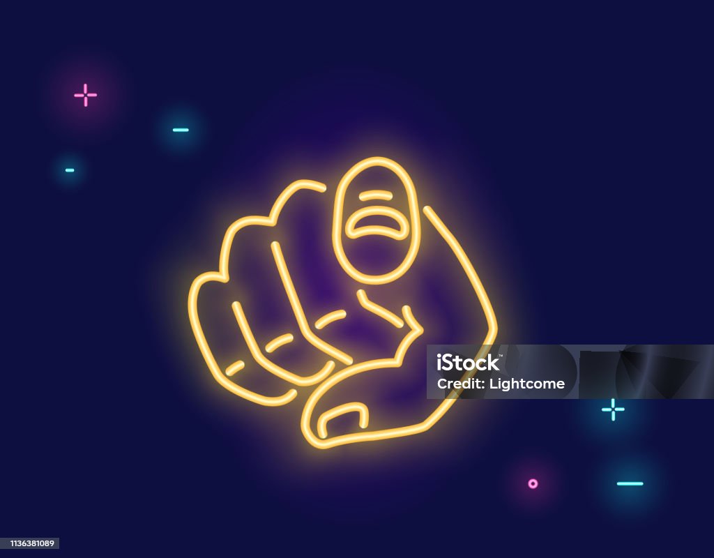 We want you human hand with the finger pointing or gesturing towards you in neon light style isolated on dark purple background We want you human hand with the finger pointing or gesturing towards you in neon light style isolated on dark purple background. Bright vector neon illustration light website banner and landing page We Want You stock vector