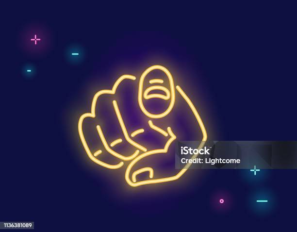 We Want You Human Hand With The Finger Pointing Or Gesturing Towards You In Neon Light Style Isolated On Dark Purple Background Stock Illustration - Download Image Now