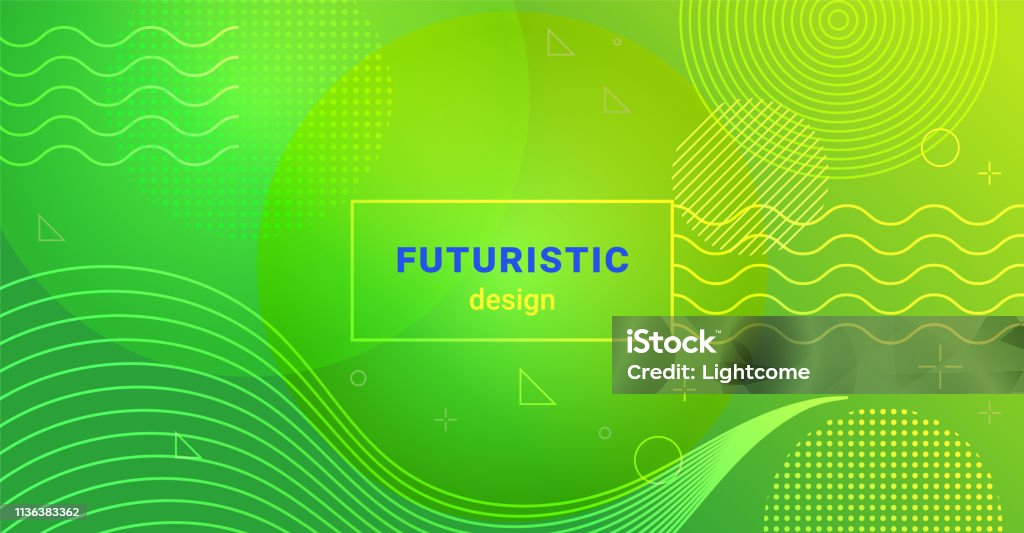 Futuristic minimalist background with waves and dots on gradient blend abstract shapes Futuristic minimalist background with waves and dots on gradient blend abstract shapes. Bright minimalistic green and yellow banner vector design for web and landing page Green Color stock vector