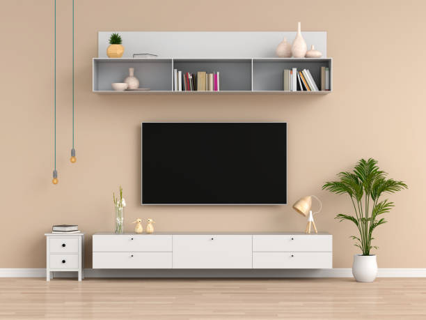 istock Widescreen TV and sideboard in living room, 3D rendering 1136383445
