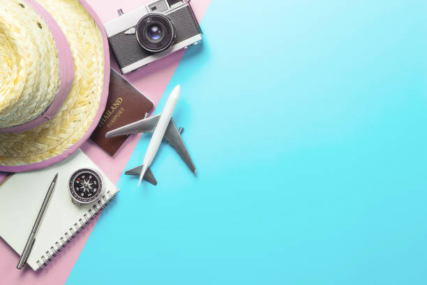 istock Summer Travel accessories on blue pink background copy space 1136387237