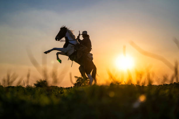 istock silhouette cowboy fire a gun on a horse back in sunset 1136387828