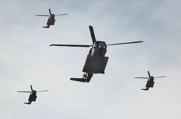 Helicopters flying in formation.