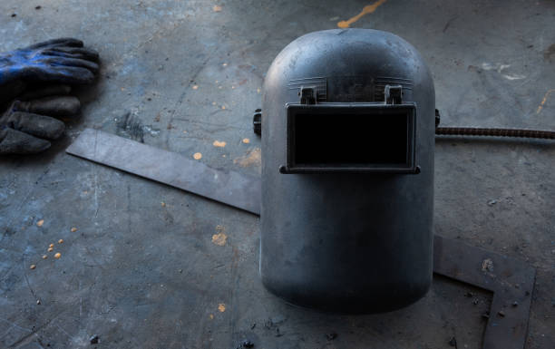 Black welding mask helmet. stock photo
