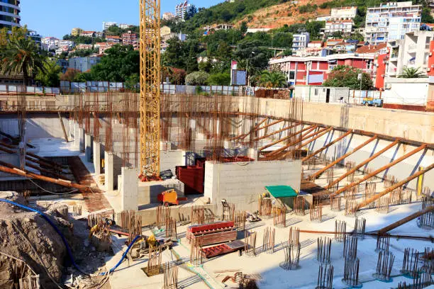 Construction site for equipping the foundation of a modern building. The concept of urban planning. Budva. Montenegro.