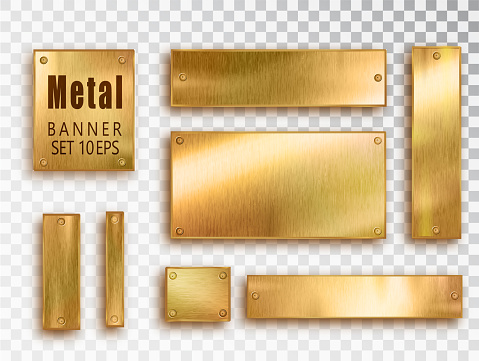 Metal gold banners set realistic. Vector Metal brushed plates with a place for inscriptions isolated on transparent background. Realistic 3D design. Stainless steel background