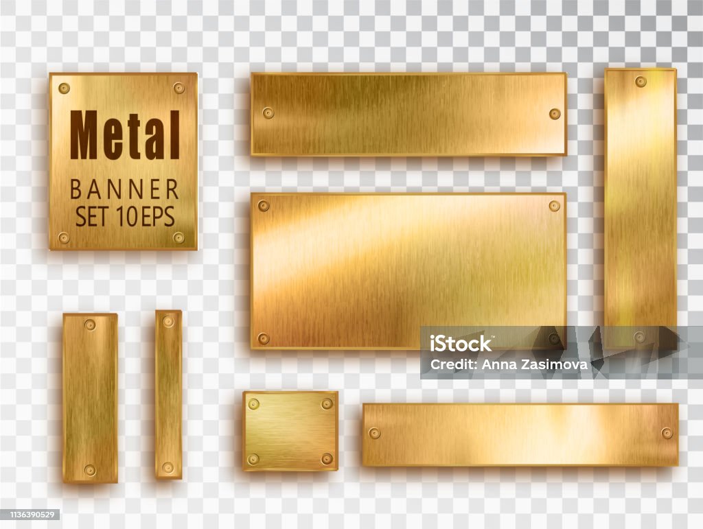 Metal gold banners set realistic. Vector Metal brushed plates with a place for inscriptions isolated on transparent background. Realistic 3D design. Stainless steel background. Metal gold banners set realistic. Vector Metal brushed plates with a place for inscriptions isolated on transparent background. Realistic 3D design. Stainless steel background Gold - Metal stock vector