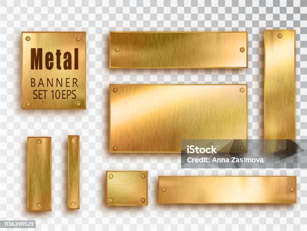 Metal Gold Banners Set Realistic Vector Metal Brushed Plates With A Place For Inscriptions Isolated On Transparent Background Realistic 3d Design Stainless Steel Background Stock Illustration - Download Image Now