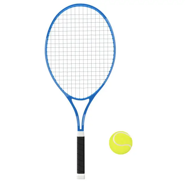 Vector illustration of Tennis racket with yellow ball. 3d vector illustration isolated