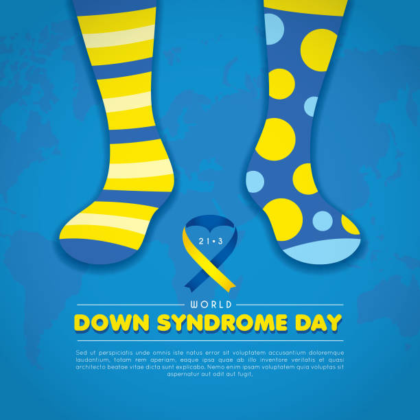 world down syndrome day-gelb & blaue socken - down syndrome stock-grafiken, -clipart, -cartoons und -symbole
