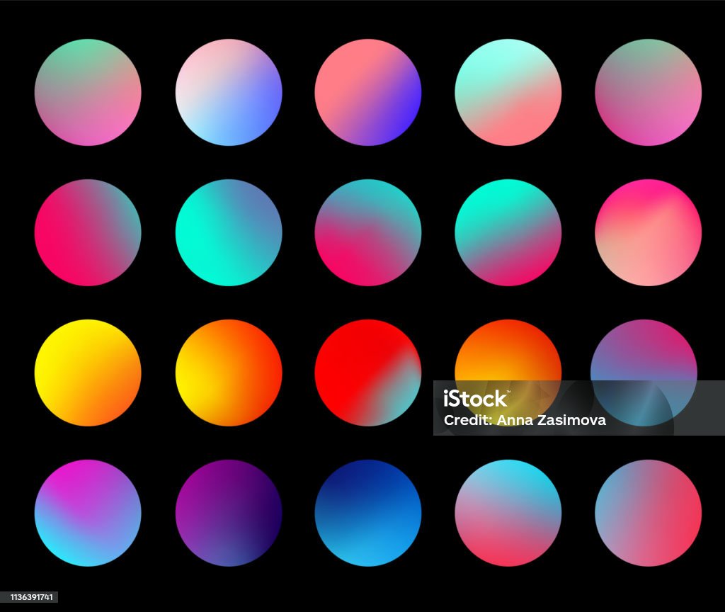 丸みを帯びたホログラフィックグラデーション球セット。トレンディなスタイルでグラデーションカラフルな球体。多色の丸いボタンや鮮やかな色の球体フラットセット。ベクトルイラスト� - カラーグラデーションのロイヤリティフリーベクトルアート