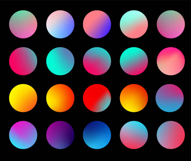 圓圓全息梯度球體集。時尚風格的漸變五顏六色的球體。多色圓形按鈕或鮮豔的彩色球體平面設置。向量例證 10 eps - 霓虹色 插圖 幅插畫檔、美工圖案、卡通及圖標