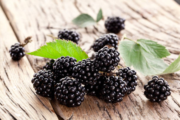 Blackberries with leaves. Blackberries with leaves on a old wooden table. blackberry fruit stock pictures, royalty-free photos & images