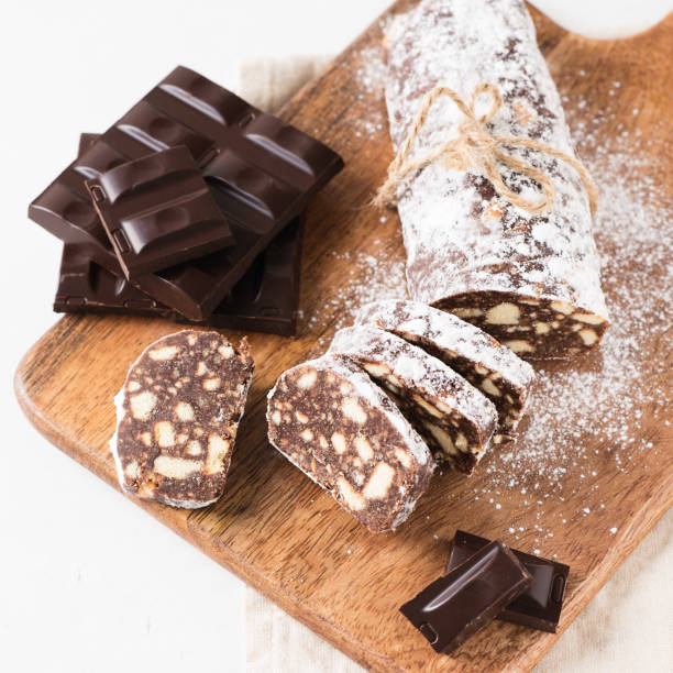 istock Traditional chocolate sausage salami with cocoa and chocolate 1136393703