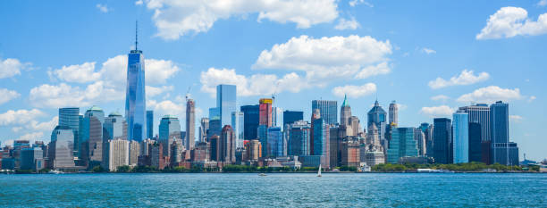 New York cityscape from Ellis Island dock