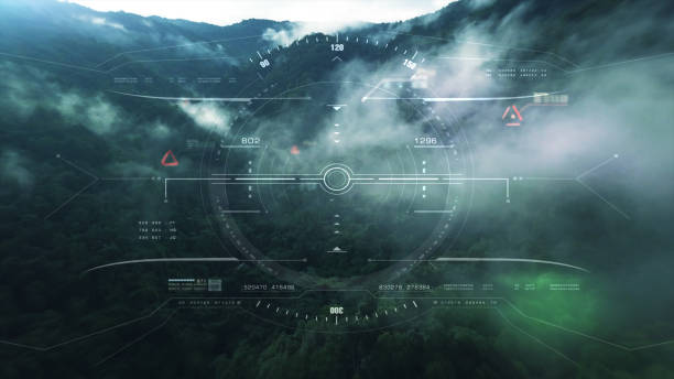 View from the fighter plane cockpit head up display Aerial view from the fighter plane's cockpit flying over the low cloud cover mountain scape with head up display acquire targets and enemies location hidden in the dense mountain forest air force stock pictures, royalty-free photos & images