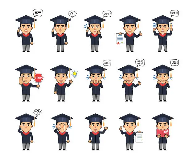 Vector illustration of Set of graduate student characters showing diverse actions, emotions. Funny graduate talking on phone, angry, thinking, surprised, reading a book and doing other actions