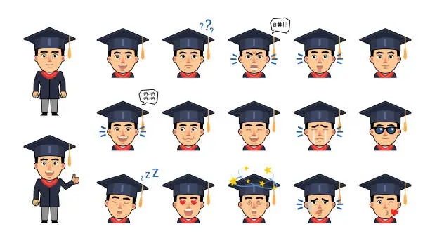 Vector illustration of Set of graduate student emoticons. Funny graduate emojis showing various facial expressions. Laugh, cry, angry, surprised, think, dazed, sleep, in love and other emotions