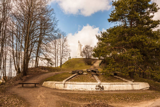 Remains of concrete Three crosses torn down in 1950 by soviets and a new monument of  Three crosses placed in 1989. Vilnius, Lithuania.