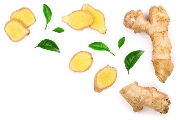 istock fresh Ginger root and slice isolated on white background with copy space for your text. Top view. Flat lay 1136397650