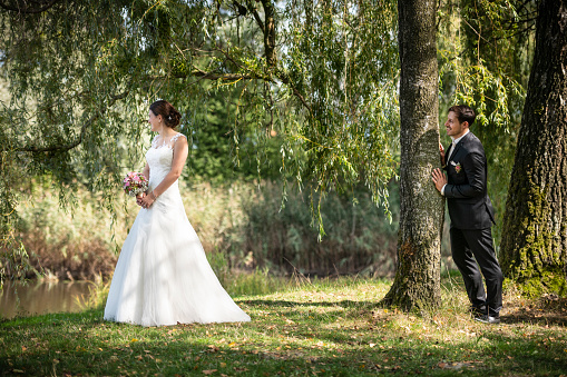 Bride and groom hold hands and walking in nature. Love story. Happy wedding day of marriage. Getting married outdoors. Newlyweds couple are walk near a big tree on the shore of a lake. Back view.