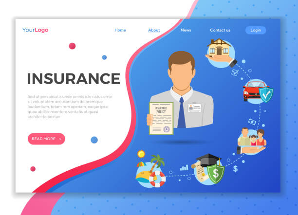 Insurance Services Landing Page Insurance Services in Flat style icons such as House, Car, Medical, Family and Travel Insurance. Vector illustration for Poster, Web Site and Advertising. landing page template insurer stock illustrations