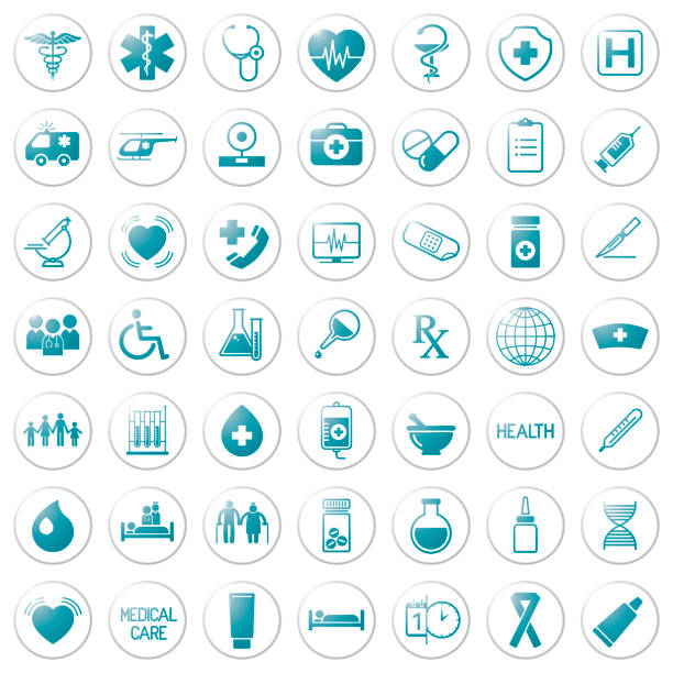 illustrations, cliparts, dessins animés et icônes de ensemble d'icônes médicales sur les boutons de style ligne mince de couleur bleu circulaire, vecteur, éléments de conception web sur la médecine - invalid