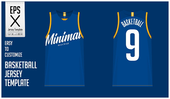 Basketball uniform template design in minimal style for basketball club. Tank top t-shirt mockup for basketball jersey. Front view, back view basketball shirt. Vector Illustration.