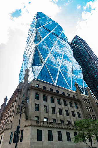 Facade of Hearst Tower, headquarters of Hearst Communications, in Manhattan, New York City, USA