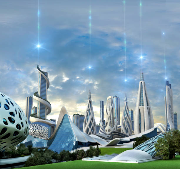 Futuristic city powered by an exotic energy source stock photo