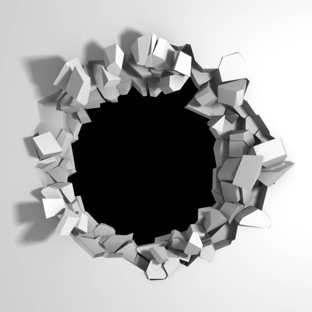 istock Dark destruction cracked hole in white stone wall 1136404157