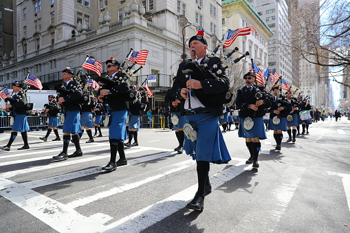 NEW YORK, NY - MARCH 16: Members of the FDNY EMS Pipes and Drums marches in the 2019 NYC St. Patrick\