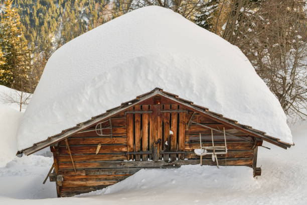 cabaña de madera cubierta de nieve en los alpes - thick snow fotografías e imágenes de stock