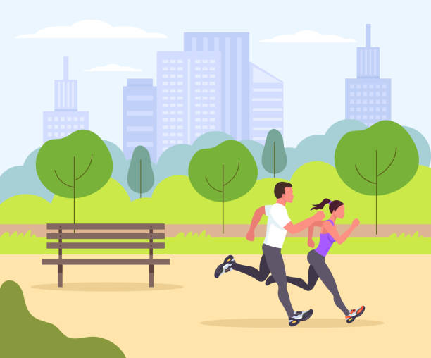 ilustrações de stock, clip art, desenhos animados e ícones de two sporty fit people man and woman characters doing exercise and rubbing in park. sport activity lifestyle. vector flat cartoon graphic design isolated icon illustration - female muscular build athlete exercising