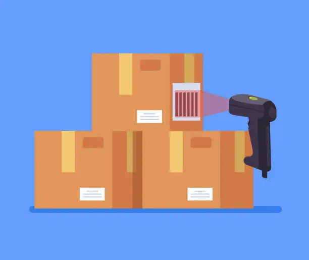 Vector illustration of Barcode scanner scanning box label information data. Cargo delivery sale concept. Vector flat cartoon graphic design isolated icon illustration