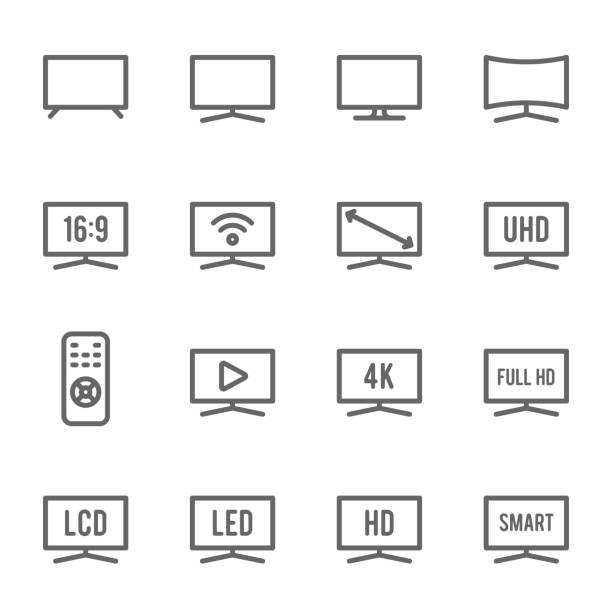 ilustraciones, imágenes clip art, dibujos animados e iconos de stock de conjunto de iconos de tv. contiene iconos como monitor, full hd, lcd, led, 4k, hd y más. trazo expandido - pantalla de cristal líquido