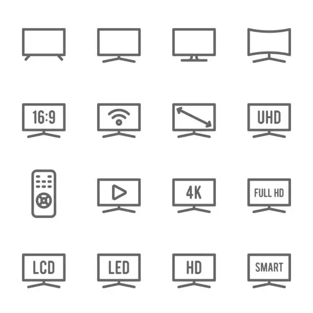 Vector illustration of TV Icon Set. Contains such Icons as Monitor, Full HD, LCD, LED, 4K, HD and more. Expanded Stroke