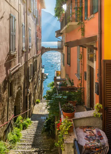 Scenic sight in Varenna on a sunny summer afternoon, Lake Como, Lombardy, Italy.