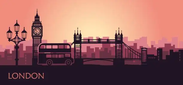 Vector illustration of Abstract cityscape of London with the sights at sunset. Vector illustration